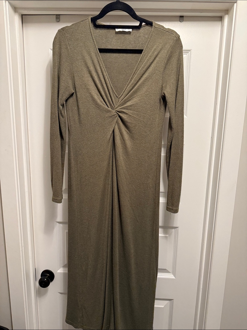 MNG Long Sleeve Twist Front Midi Dress in Olive